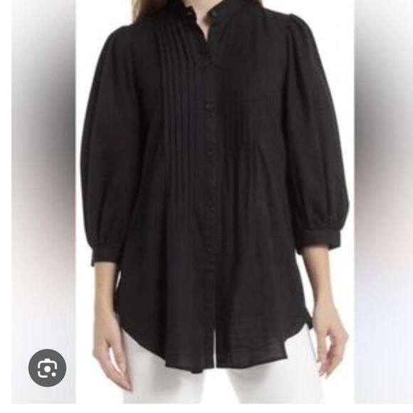 Lauren Ralph Lauren Pintuck Pleat Band Collar 3/4 Sleeve Linen Tunic Black sz l - Picture 1 of 11